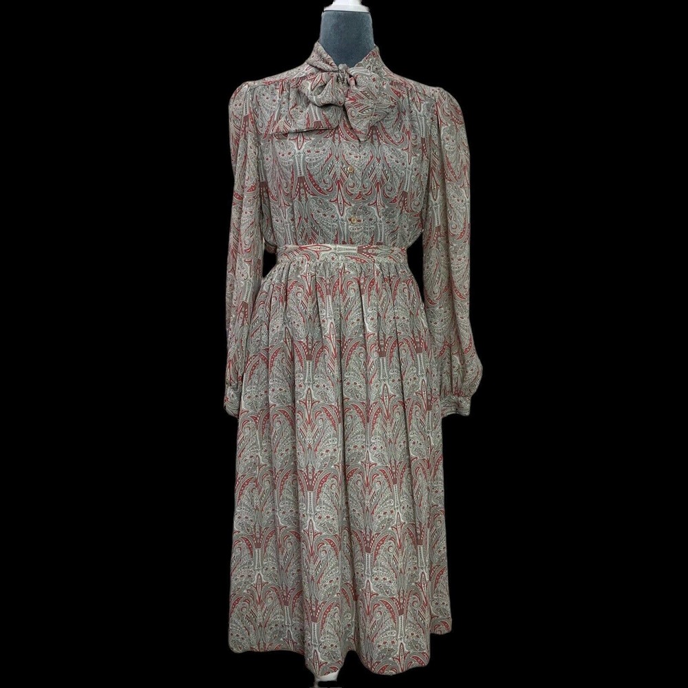 Vintage 70s Breckenridge XS 2 Piece Skirt Blouse Paisley Gray Red Tie Neck
